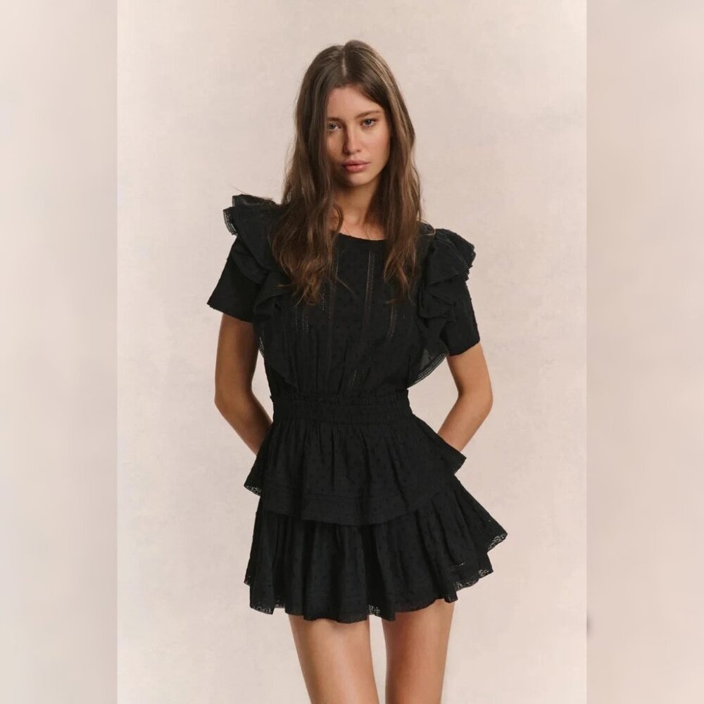 LoveShackFancy Natasha Heritage Mini Dress M 8 Women's Black Cotton Short 45977